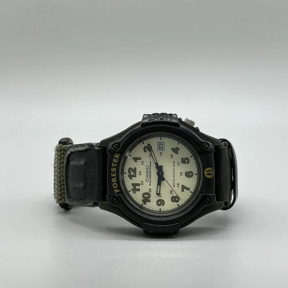 Vintage Casio Forester FT-500 Mens Watch 41mm Beige Dial Green Strap New Battery